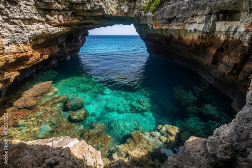 the bay in a cave with beautiful blue water, secret places, Generative AI