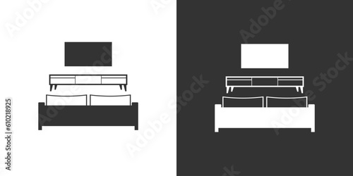 Interior icon with sofa, nightstand and TV. Furniture vector icon isolated on black and white background. 