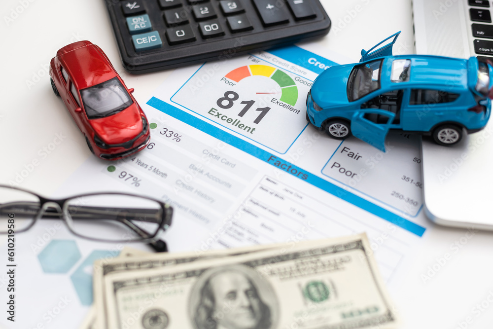 Credit report with score on a desk