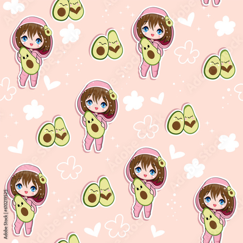 Cute stickers with cartoon anime girl and avocado on a pink background seamless pattern. Vector illustration print for children t-shirt