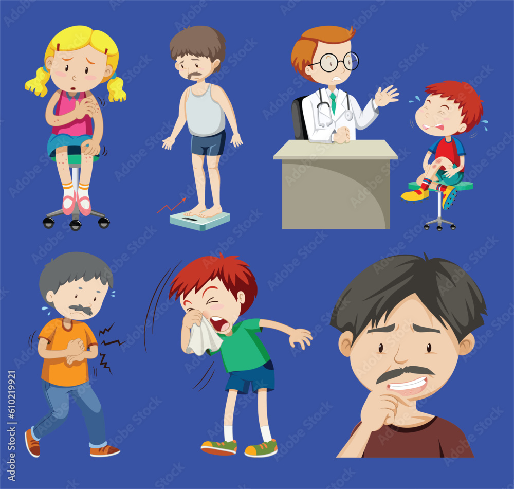 Set of sick people with different symptoms vectors Set of sick people with different symptoms vectors