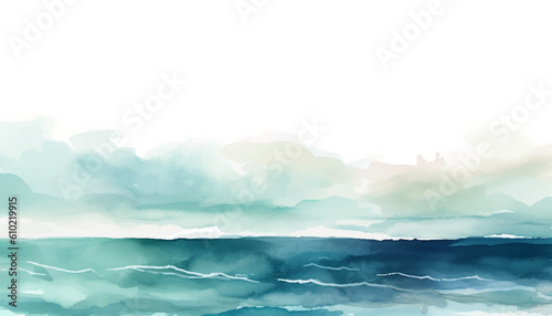 Abstract watercolor landscape with seascape and cool waves. Hand drawn illustration for your design and background with teal green and deep blue colors.