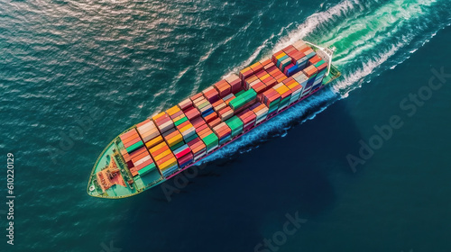 Aerial view of container ship in the sea. Freight transportation concept. Generative AI. © AS Photo Family
