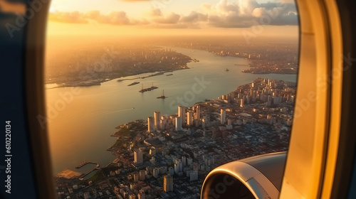 Aerial view of the city at sunset from an airplane window. Generative AI.