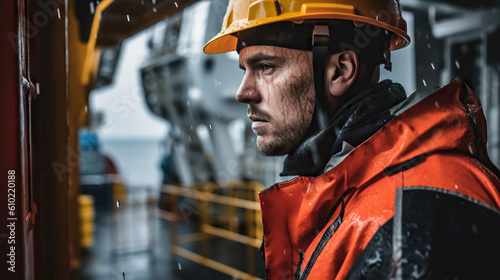 Fotografering Portrait of a worker in a hard hat and reflective jacket standing in a shipyard at rain