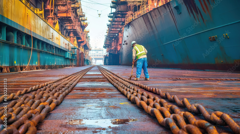 Fototapeta premium Industrial worker working on the freight ship in a shipyard. Generative AI.