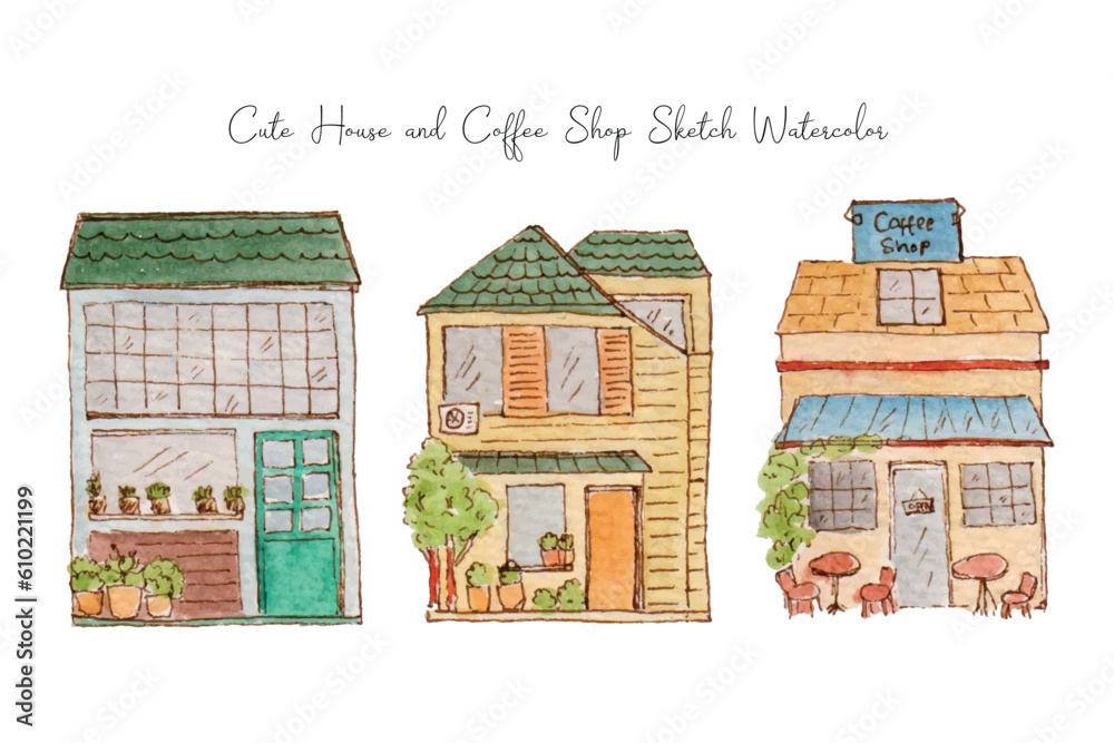 Cute Building House and Cafe Sketch Watercolor Collection