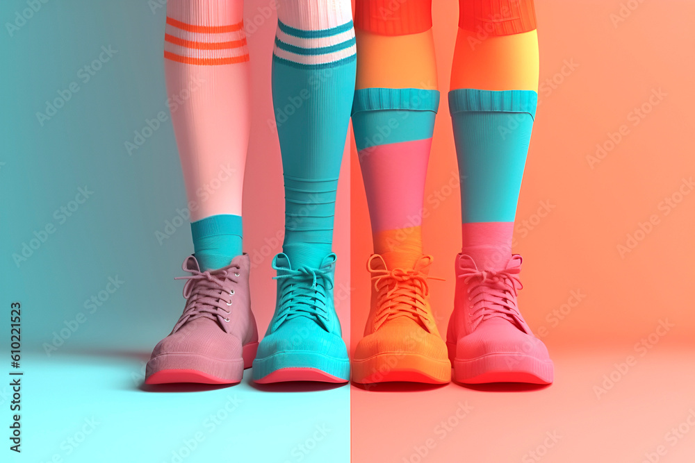 Creative trend, legs in colorful sneakers and socks in pop art style, bright color background with copy space. Generated AI Creative trend, legs in colorful sneakers and socks in pop art style, bright color background with copy space. Generated AI