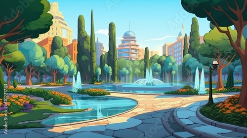 Abstract background city park with fountain. An enchanting illustration capturing the tranquility of a city park with a beautiful fountain, elegantly displayed in a banner design. Generative AI.
