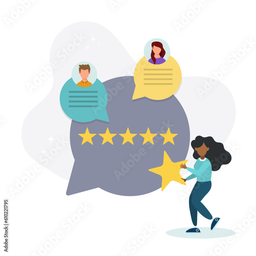 Feedback and review concept. A character who gives positive feedback to the support team. Rating scale and customer satisfaction concept. Vector illustration. 