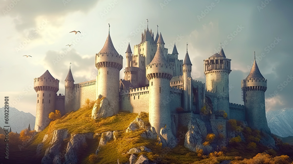 Fantasy style medieval castle at late afternoon sunlight. Postproducted generative AI illustration.