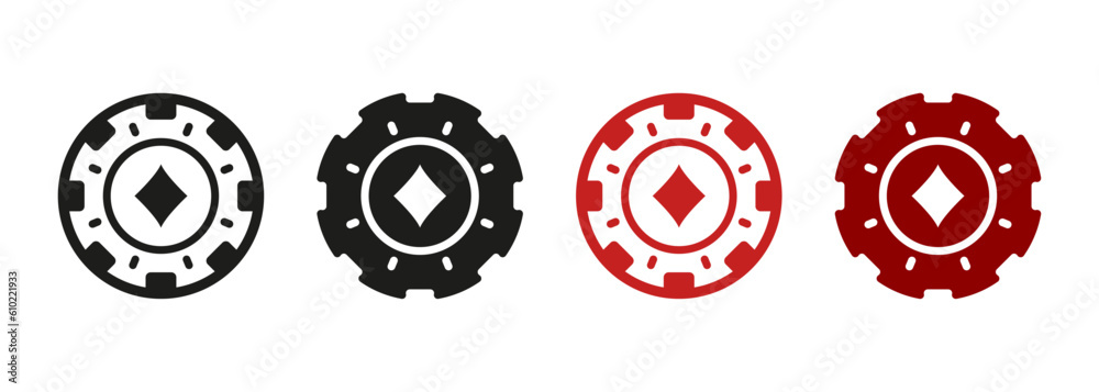 Obraz premium Poker, Gamble Betting Sign. Lucky Game Suit in Casino Roulette Pictogram Collection. Poker Chip, Diamonds Silhouette Icons Set. Fortune Games, Gambling, Money Bets. Isolated Vector Illustration