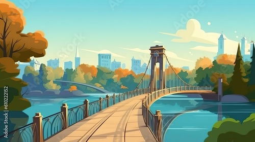 Background bridge and embankment. A captivating banner design featuring an artistic illustration of a bridge and embankment against an abstract background. Generative AI.