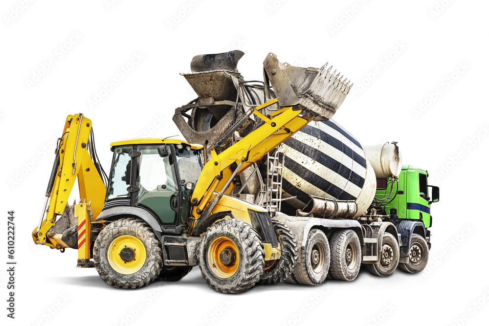 Concrete mixer truck and bulldozer loader close-up on a white isolated background.Construction equipment. element for design. Rental of construction equipment. delivery of concrete. Concrete mixer truck and bulldozer loader close-up on a white isolated background.Construction equipment. element for design. Rental of construction equipment. delivery of concrete.