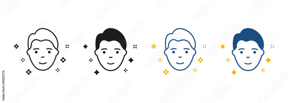Man with Beauty Face Skin Line and Silhouette Icon Set. Healthy, Fresh Male Face with Clean Skin Pictogram. Facial Skincare, Hygiene Black and Color Symbol Collection. Isolated Vector Illustration Man with Beauty Face Skin Line and Silhouette Icon Set. Healthy, Fresh Male Face with Clean Skin Pictogram. Facial Skincare, Hygiene Black and Color Symbol Collection. Isolated Vector Illustration