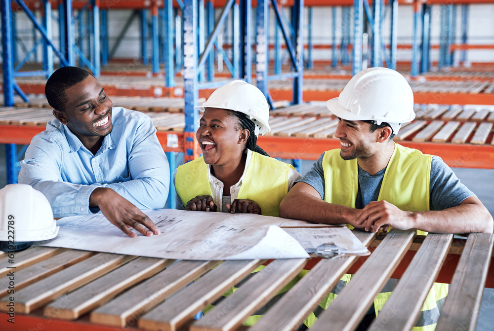 Business people, architect and blueprint laughing in construction, planning or funny team building on site. Happy contractor in teamwork, laugh or project plan in fun industrial architecture together Business people, architect and blueprint laughing in construction, planning or funny team building on site. Happy contractor in teamwork, laugh or project plan in fun industrial architecture together
