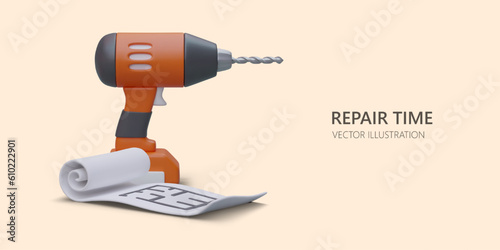 Repair time. Template with electric drill and floor plan. Professional wall drilling. Services of builders. Restoration and redesign. Banner in cartoon style