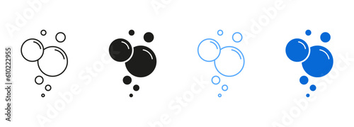 Effervescent Champagne, Clear Soda, Aquarium Sphere Drops Symbol Collection. Soap, Foam, Fizzy Drink Black and Blue Pictogram. Water Bubbles Line and Silhouette Icon Set. Isolated Vector Illustration