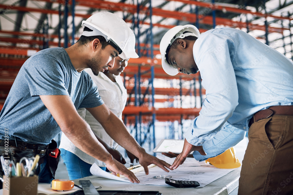 Business people, blueprint and documents in team construction, planning or architecture on site. Architect group in meeting discussion or engineering on floor plan, brainstorming or building strategy