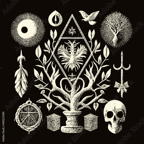 Occult symbols composition in dotwork style. Abstract mystic elements, Skull, candles and sacred triangle with eye in retro flat lay composition.