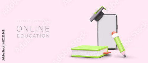 Online education concept. Web poster with realistic 3d smartphone, pencil and book. Idea for online school with pink background. Colorful vector illustration in cartoon style