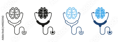 Mental Health Concept Human Brain and Stethoscope Line and Silhouette Color Icon Set. Psychology, Neurology Science. Health Care Symbol Collection on White Background. Isolated Vector Illustration