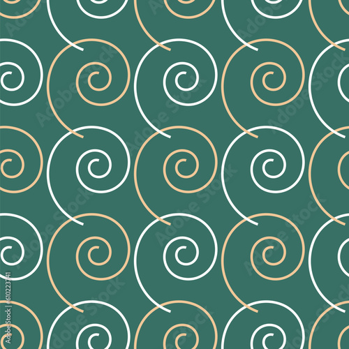 Vintage seamless pattern with spiral geometric shapes in 1960's style on green background. Summer or spring motif. Can be used for fabric cloth,textile,wallpaper,cover and decor.