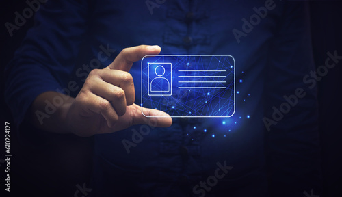 human hand holding digital identification card, technology and innovation concept.