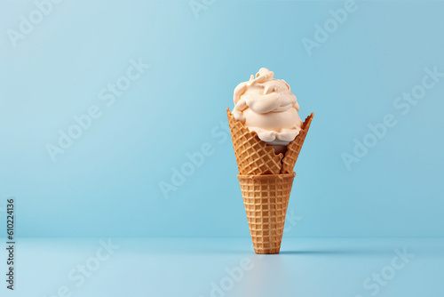 Ice cream cone, sweet dessert, studio shot on pastel background. Summer creative minimal concept, fast food, sweet meal, space for text, created with Generative AI