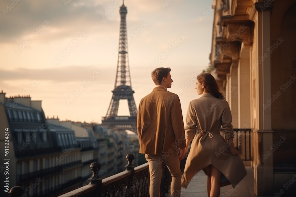 Travel, vacation, romance concept. Young couple walking in Paris. Eiffel tower in background. Man and woman view from behind. Generative AI