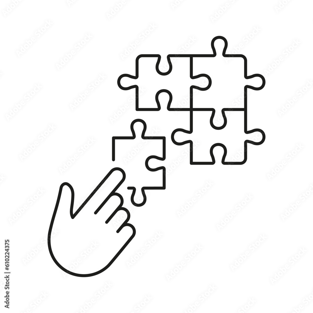Puzzle Strategy Solution Line Icon. Jigsaw and Human Hand Linear Pictogram. Connect Parts of Puzzle, Team Game Outline Sign. Editable Stroke. Isolated Vector Illustration Puzzle Strategy Solution Line Icon. Jigsaw and Human Hand Linear Pictogram. Connect Parts of Puzzle, Team Game Outline Sign. Editable Stroke. Isolated Vector Illustration
