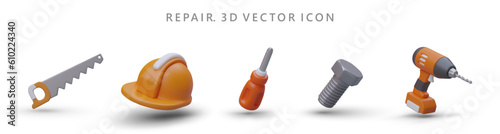Realistic 3d vector icons with different repair tools. Web poster with saw, helmet, screwdriver, bolt, drill and place for text. Colorful vector illustration in cartoon style