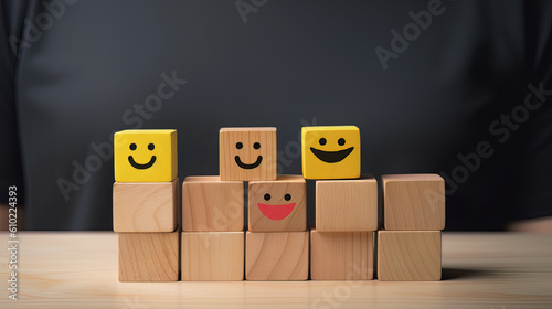 user chooses to rate the service 5 stars smiley face icon on wooden block. Concept after-sales service and comments. satisfaction photo