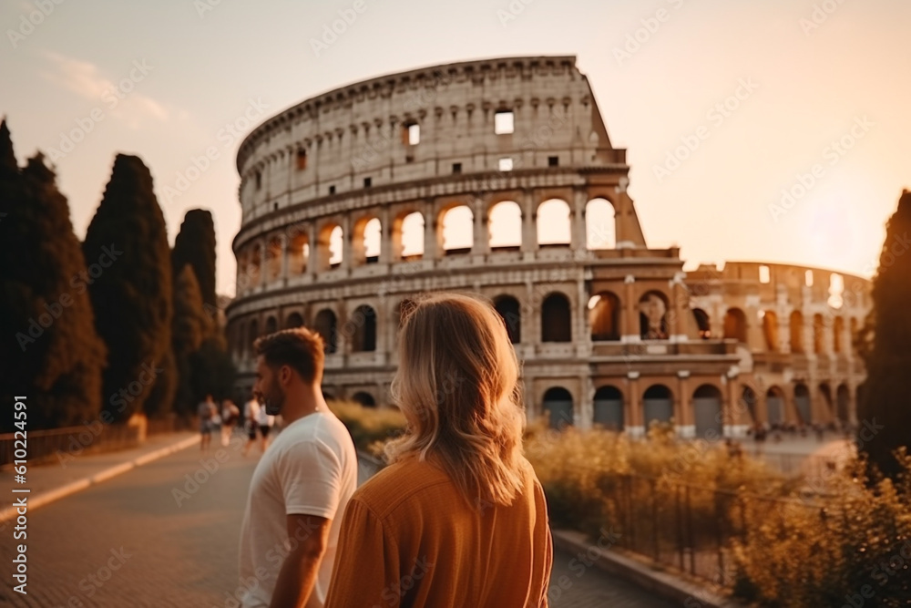 Travel, vacation, romance concept. Young couple traveling and walking in Rome, Italy. Colosseum in background. Man and woman view from behind. Sunset summer background. Generative AI