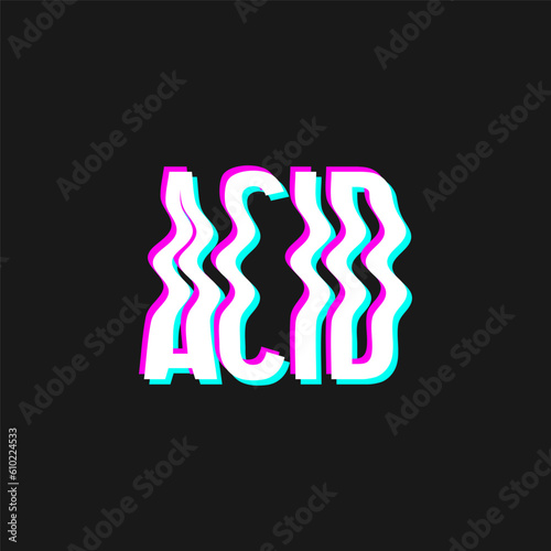 Vector illustration with 3d glitch effect, lettering acid. Groovy wavy lettering in trendy psychedelic y2k, 90s, 00s rave style, nostalgia. Crazy print.