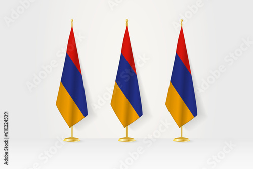 Three Armenia flags in a row on a golden stand, illustration of press conference and other meetings.