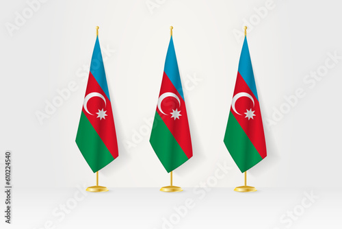 Three Azerbaijan flags in a row on a golden stand, illustration of press conference and other meetings.