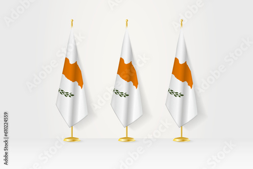 Three Cyprus flags in a row on a golden stand, illustration of press conference and other meetings.