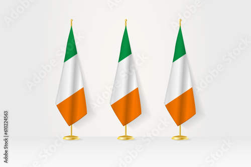 Three Ireland flags in a row on a golden stand, illustration of press conference and other meetings.