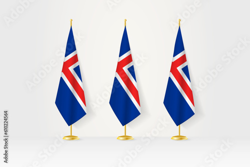 Three Iceland flags in a row on a golden stand, illustration of press conference and other meetings.