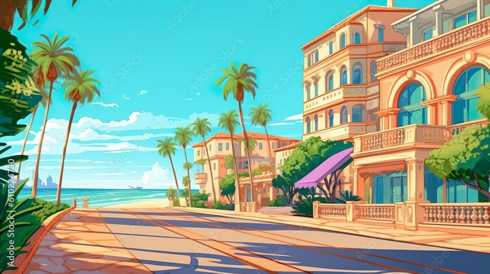 Naklejka premium Background city beach with palm. A mesmerizing illustration of a vibrant city beach with palm trees, beautifully presented in a banner design. Generative AI.