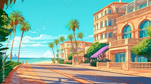 Background city beach with palm. A mesmerizing illustration of a vibrant city beach with palm trees, beautifully presented in a banner design. Generative AI. © Andrey