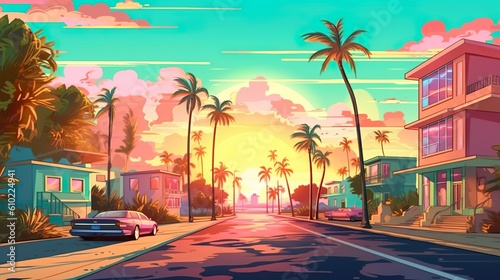 Background city beach with palm. A vivid illustration of a city beach paradise with swaying palm trees, expertly crafted in a banner design. Generative AI. © Andrey
