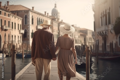 Travel, vacation, romance concept. Young couple traveling and walking in Venice, Italy. Gondolas, canals, old town in background. Man and woman view from behind. Sunset summer. Generative AI © Rytis