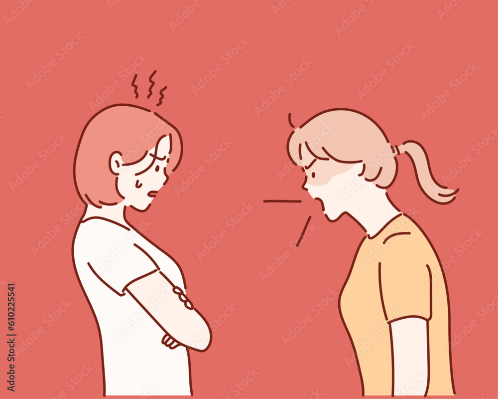 Two arguing women. Misunderstanding disagreement insult concept. Hand drawn style vector design illustrations. Two arguing women. Misunderstanding disagreement insult concept. Hand drawn style vector design illustrations.