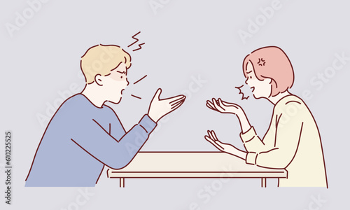 Couple arguing and conflicting. Hand drawn style vector design illustrations.