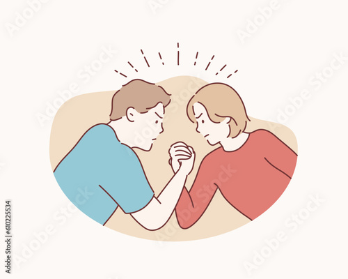 A man and a woman contesting the power of their arms. Hand drawn style vector design illustrations.