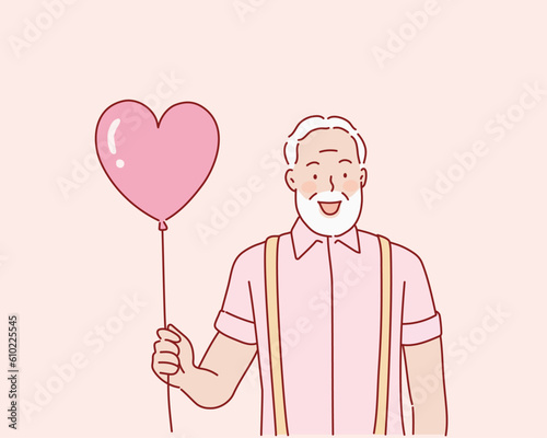 Happy retired man in pink t-shirt holding pink balloon while posing in studio. Senior, smiling man over pink background. Hand drawn style vector design illustrations.