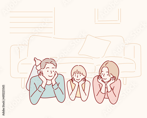young happy cheerful smiling positive family lying on floor in new house. Hand drawn style vector design illustrations.
