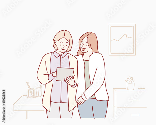 Business people having fun and chatting at workplace office. Hand drawn style vector design illustrations.